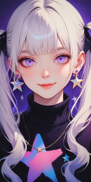 1girl, solo, long hair, looking at viewer, smile, bangs, shirt, hair ornament, long sleeves, twintails, jewelry, purple eyes, upper body, ponytail, purple hair, white hair, earrings, parted lips, star \(symbol\), sweater, gradient, black shirt, gradient background, clothes writing, purple background, star hair ornament, black sweater, star earrings