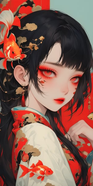 1girl, solo, long hair, looking at viewer, bangs, black hair, hair ornament, red eyes, jewelry, closed mouth, upper body, braid, earrings, from side, makeup, facial mark, portrait, fish, red lips, tassel earrings, goldfish, koi