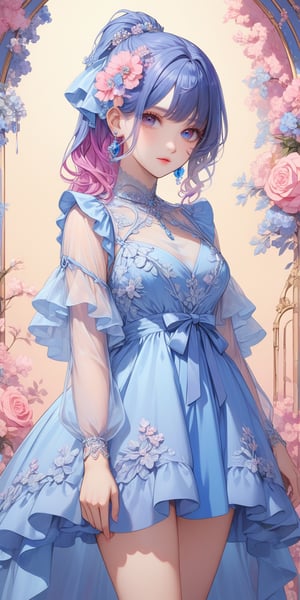 1girl, solo, long hair, looking at viewer, blue eyes, hair ornament, dress, jewelry, blue hair, standing, ponytail, purple hair, flower, multicolored hair, earrings, see-through, blue dress, pink dress, multicolored clothes, see-through sleeves