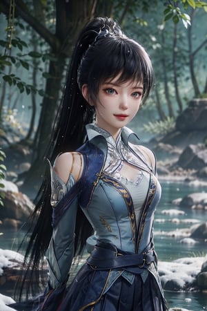 masterpiece,best quality,official art,extremely detailed CG unity 8k wallpaper,,1girl,seductive smile, light rays,bound torso, hanging,pleated skirt, belt buckle, high ponytail, upper body,,water, river, mountain, tree, flower,snowing, snow shelter,,
