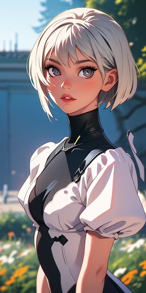 (best quality, masterpiece), 1girl, looking at viewer, blurry background, upper body, contemporary, dress,perfecteyes,milfication,yorha no. 2 type b