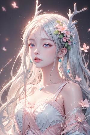 1girl,She has snow-white skin,long silver white hair,and deep purple eyes.Her head was adorned with pink flowers and a pair of blue deer antlers. The,background is a light pink tone,
