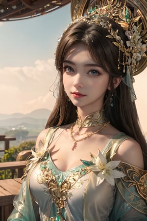 A majestic masterpiece of a 1girl CG artwork, set against the breathtaking backdrop of a vast open field with a mountain range and white clouds in the distance. The sun casts its warm rays, illuminating her stunning features as she gazes directly at the viewer. Her long hair flows gently in the breeze, adorned with delicate hair ornaments that sparkle like diamonds. She wears traditional Chinese clothing, complete with intricate jewelry pieces - earrings and a necklace - that catch the light particles dancing across her chest. The focal point is her beautiful face, with piercing eyes and a subtle smile. The overall atmosphere is one of serenity, as if time stands still in this idyllic scene.