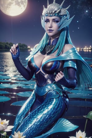 masterpiece,best quality,official art,extremely detailed CG unity 8k wallpaper,realistic,light rays,light particles,
1girl,solo,breasts,long_hair,lue eyes,
blue theme,starry background,scenery,starry sky,night,reflection,night sky,outdoors,milkway,cistern,(lotus:1.2),lake water,moon,
,
looking at viewer,cowboy shot,b,mermaid,fish tail,