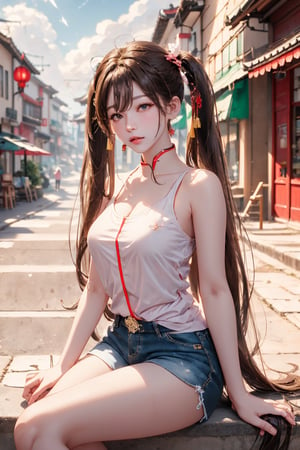 hutao_genshin, very long hair, long hair, twintails, brown hair, red eyes, ((cowboy shot)), hair between eyes, sidelocks, symbol-shaped pupils, solo, short shorts, shorts, white tank-top, bare shoulders, :P , socks, kneehighs, white socks, double v, 1girl, blush, looking at viewer, chinese town, town, sky, clouds, night, houses, city, (thighs), (()), ((street)), (white socks), (chinese city background, reliastic background, chinese background), big breasts, sitting