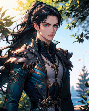 1boy, 1boy, armor, black hair, blue eyes, blurry, blurry background, closed mouth, depth of field, long hair, looking at viewer, male focus, outdoors, ponytail, solo, tree, upper body