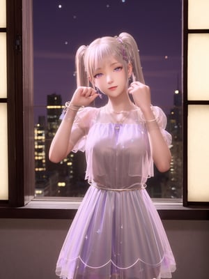 SYNNzidinyitest,1girl,mature female,cityscape,night,looking at viewer,jewelry,dress,purple eyes,earrings,necklace,twintails,indoors,window,hair ornament,cowboy shot, ,shining nikki