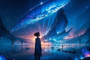 Step into a world of wonder and ethereal beauty, where reality and dreams intertwine. Visualize an awe-inspiring scene - a breathtaking view of a sea of stars, shimmering brilliantly above a blanket of fluffy clouds. In the foreground, a young girl stands on a cloud, her silhouette poised against the celestial panorama.
BREAK 
Describe the girl's stance as she gazes up at the vast expanse of twinkling stars, capturing her sense of awe and reverence. Explore the emotions evoked by the scene - a mix of wonder, curiosity, and a deep connection to the vastness of the universe. Consider the significance of this moment for the girl - is she contemplating her place in the cosmos, seeking solace or inspiration, or perhaps embarking on a celestial journey of her own?
BREAK 
Craft a brief narrative or evoke a sense of atmosphere, using evocative language to emphasize the surreal and otherworldly nature of the scene. Explore the interplay between the tangible and the intangible - the solid cloud beneath her feet contrasting with the infinite expanse of stars above. Consider incorporating sensory details such as the soft touch of the cloud, the sound of distant celestial music, or the faint scent of stardust in the air.