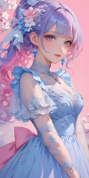 1girl, solo, long hair, looking at viewer, blue eyes, hair ornament, dress, jewelry, blue hair, standing, ponytail, purple hair, flower, multicolored hair, earrings, see-through, blue dress, pink dress, multicolored clothes, see-through sleeves