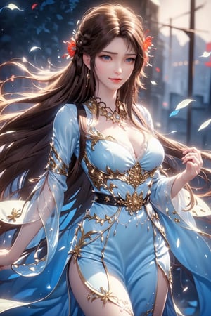 1girl, solo, brown hair, hair ornament, braid, long hair, wide sleeves, looking at viewer, brown eyes, jewelry, hair flower, long sleeves, sash, dress, mischevious smile, perfect body, scenery, sharp focus, best quality, masterpiece, detailed outfit, illustration, perfect eyes, finely detailed beautiful anime eyes, realistic skin, intricate details, best lighting, depth of field, ultra high resolution,cowboy_shot, dynamic pose, dynamic angle,1 girl