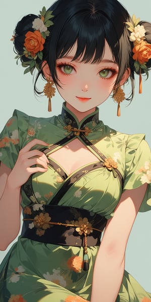 A serene Chinese beauty stands solo, gazing directly at the viewer with a flush on her cheeks. Her raven-black bangs frame her face, adorned with a hair ornament that catches the soft light. She wears a stunning green floral-print dress with short sleeves, cinched at the waist by a delicate tassel. A double bun secures her hair, and a small mole sits discreetly under her left eye. A closed-mouth smile hints at a private thought, as she holds a candle in one hand, its gentle flame casting a warm glow. Her earrings and jewelry sparkle against the dress's vibrant print.