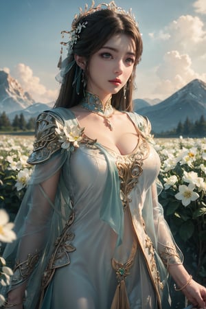 masterpiece,best quality,official art,extremely detailed CG unity 8k wallpaper,realistic,light rays,light particles,
,1girl,jewelry,solo,breasts,long_hair,hair_ornament,earrings,chinese clothes,
SunLight,Flowers,Outdoors,Hair Ornaments,White Flowers,Vast Open Field,mountain,sky,white cloud,
looking at viewer,cowboy shot,black clothes,