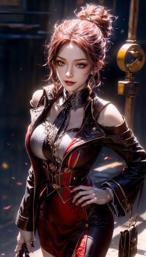 (Masterpiece: 1.6, Best Quality), (Fine and Beautiful Eyes: 1.2), (Overhead), High Quality, Beautiful Face, 1girl, Leather Tight Skirt, Oversized Leather Jacket, Open Shoulders, Big Tits, Long Hair, Wide Hips, (Landscaped, ), Street, Background, Detail Background, Spooky Smile, Angled Laughter at the Corners of Mouth, Long Coat, Shirt, Tie, Office Lady,Soul land 