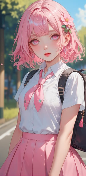 1girl, solo, long hair, bangs, skirt, shirt, hair ornament, jewelry, school uniform, white shirt, pink hair, flower, white hair, short sleeves, multicolored hair, cowboy shot, pleated skirt, earrings, outdoors, parted lips, day, collared shirt, hair flower, pink eyes, bag, blurry, lips, neckerchief, backpack, looking up, pink skirt