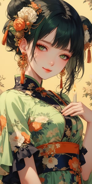 A serene Chinese beauty stands solo, gazing directly at the viewer with a flush on her cheeks. Her raven-black bangs frame her face, adorned with a hair ornament that catches the soft light. She wears a stunning green floral-print dress with short sleeves, cinched at the waist by a delicate tassel. A double bun secures her hair, and a small mole sits discreetly under her left eye. A closed-mouth smile hints at a private thought, as she holds a candle in one hand, its gentle flame casting a warm glow. Her earrings and jewelry sparkle against the dress's vibrant print.