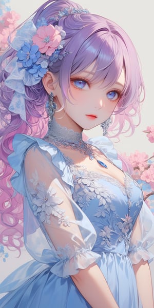 1girl, solo, long hair, looking at viewer, blue eyes, hair ornament, dress, jewelry, blue hair, standing, ponytail, purple hair, flower, multicolored hair, earrings, see-through, blue dress, pink dress, multicolored clothes, see-through sleeves