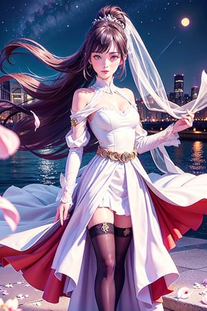 1girl,long hair,dress,hair ornament,looking at viewer,mature female,cityscape,night,thighhighs,clothing cutout,bangs,white skirt,ponytail,long sleeves,belt,blue eyes,makeup,blush,WEDDING PRINCESS DRESS, white petals,