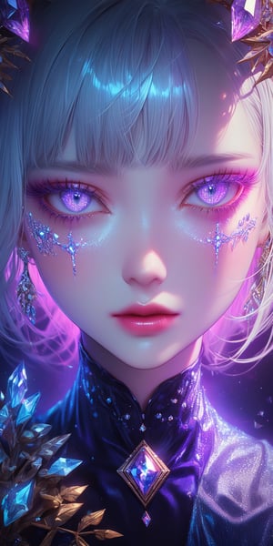 1girl, solo, looking at viewer, purple eyes, white hair, parted lips, lips, eyelashes, gem, portrait, close-up, crystal,full_body