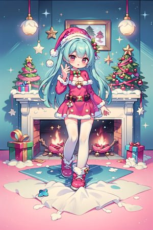(Best Picture Quality, High Quality, Best Picture Score: 1.3), , Perfect beautiful woman,pink hair,long hair,(Decorate the room with Santa Claus for Christmas.),the whole body Beautiful Girl, Cute, ,Fantastic Landscapes,Christmas tree, a cozy fireplace