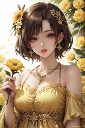 1girl, solo, looking at viewer, short hair, brown hair, hair ornament, dress, holding, bare shoulders, brown eyes, jewelry, upper body, flower, earrings, parted lips, hair flower, necklace, lips, mole under eye, sparkle, watermark, yellow flower, holding flower, yellow dress, yellow theme