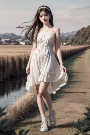 background is grass field, horizon,
18 yo, 1 girl, beautiful korean girl,standing on the hill,
wearing cute short dress(strap), cloth blowing by wind,socks,sneakers,hairband,touch hair with hand,happy laugh, solo, {beautiful and detailed eyes}, dark eyes, calm expression, delicate facial features, ((model pose)), Glamor body type, (dark hair:1.2), simple tiny earrings, simple tiny necklace,very_long_hair, hair past hip, bangs, straight hair, flim grain, realhands, masterpiece, Best Quality, 16k, photorealistic, ultra-detailed, finely detailed, high resolution, perfect dynamic composition, beautiful detailed eyes, sharp-focus, full_body, cowboy_shot,firefliesfireflies