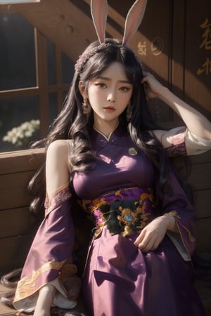 (raw photo, best quality), (realistic, photo realistic: 1. 3), purple hanbok dress, beautiful headdress, hairpin, water sleeves, 8k wallpaper, ink, amazing, movie lighting, lens_flare, dunhuang_style, black hair, long hair, ,rabbit ears