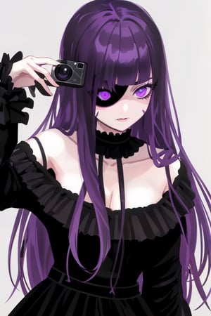 Detailed woman face looking at camera, dark. Black Dress for - block eyes - hair purple - mouth Red ,midjourney