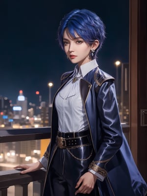 ,1girl, mature female, cityscape, night, looking at viewer, short hair, belt,shirt,jewelry, earrings, coat, long sleeves, 