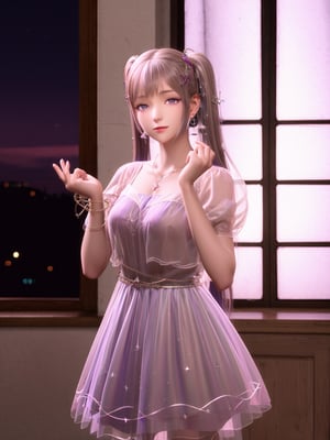 SYNNzidinyitest,1girl,mature female,cityscape,night,looking at viewer,jewelry,dress,purple eyes,earrings,necklace,twintails,indoors,window,hair ornament,cowboy shot, ,shining nikki