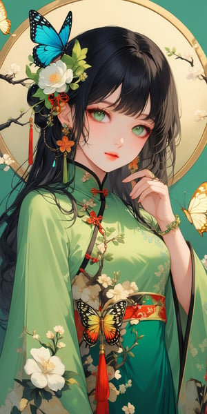 1girl, solo, long hair, black hair, hair ornament, long sleeves, dress, jewelry, green eyes, upper body, flower, earrings, hand up, hair flower, bracelet, chinese clothes, bug, butterfly, green dress, light, glowing butterfly