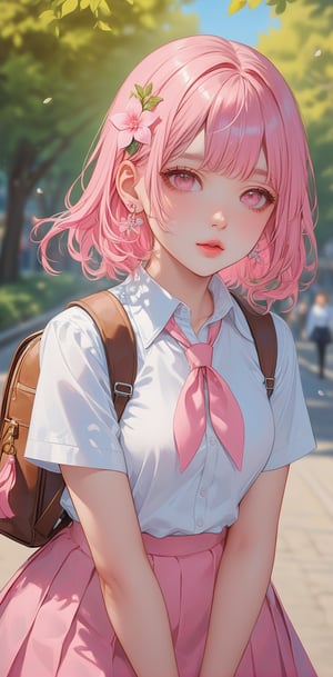 1girl, solo, long hair, bangs, skirt, shirt, hair ornament, jewelry, school uniform, white shirt, pink hair, flower, white hair, short sleeves, multicolored hair, cowboy shot, pleated skirt, earrings, outdoors, parted lips, day, collared shirt, hair flower, pink eyes, bag, blurry, lips, neckerchief, backpack, looking up, pink skirt