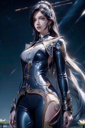 masterpiece,best quality,official art,extremely detailed CG unity 8k wallpaper,realistic,light rays,light particles,1girl,solo,earrings,jewelry,hair_ornament,hair_stick,looking_at_viewer,breasts,black_hair,makeup,medium chest,blue theme,starry background,scenery,starry sky,night,reflection,night sky,outdoors,milkway,cistern,(lotus:1.2),lake water,moon,long_hair,earrings,hair_ornament,hairpin,pants,dynamic pose,looking at viewer,cowboy shot,1 girl