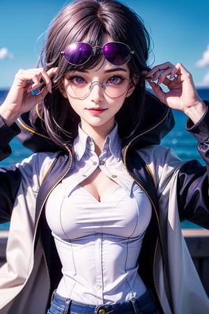  1girl, solo, looking at viewer, light smile, large breasts, purple eyes, sunglasses, upper body, eyewear on head, white shirt, black jacket, kafka,