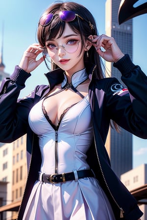  1girl, solo, looking at viewer, light smile, large breasts, purple eyes, sunglasses, upper body, eyewear on head, white shirt, black jacket, kafka,