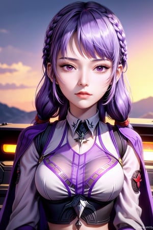 skirt, braid, purple hair, purple eye, shiny hair,  Good Life Will, closeup portrait of a pretty woman walking,Nagara(azur lane),(origin),school_uniform,1girll,Solo,Outdoors, view the viewer,, ,Masterpiece, Best quality, Ultra-detailed, illustration,all Body,1 girl,yuzu