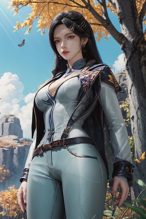 masterpiece,best quality,official art,extremely detailed CG unity 8k wallpaper,realistic,light rays,light particles,
1girl,solo,earrings,jewelry,hair_ornament,hair_stick,looking_at_viewer,breasts,black_hair,makeup,medium chest,
,fantastic,Autumn scenery,trees,yellow leaves,outdoors,sky,butterflies,bugs,clouds,nature,rocks,sunshine,peaks,
,long_hair,earrings,hair_ornament,hairpin,pants,
dynamic pose,looking at viewer,cowboy shot,