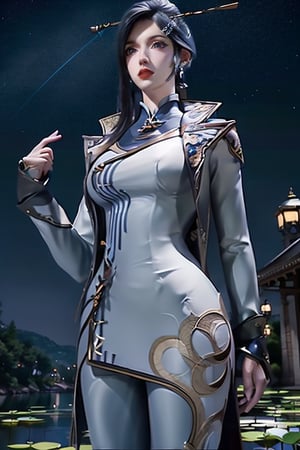 masterpiece,best quality,official art,extremely detailed CG unity 8k wallpaper,realistic,light rays,light particles,1girl,solo,earrings,jewelry,hair_ornament,hair_stick,looking_at_viewer,breasts,black_hair,makeup,medium chest,blue theme,starry background,scenery,starry sky,night,reflection,night sky,outdoors,milkway,cistern,(lotus:1.2),lake water,moon,long_hair,earrings,hair_ornament,hairpin,pants,dynamic pose,looking at viewer,cowboy shot,