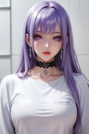 1girl, solo, long hair, looking at viewer, bangs, shirt, long sleeves, jewelry, purple eyes, upper body, purple hair, earrings, choker, mole, lips, eyelashes, mole under eye, black choker