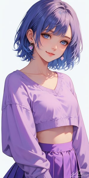 1girl, solo, smile, blue eyes, skirt, simple background, shirt, long sleeves, white background, jewelry, blue hair, collarbone, jacket, cowboy shot, earrings, artist name, signature, medium hair, black eyes, crop top, sleeves past wrists, looking to the side, purple skirt, purple shirt, purple jacket, purple sweater