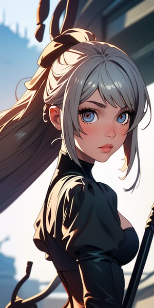 (best quality, masterpiece), 1girl, looking at viewer, blurry background, upper body, contemporary, dress,perfecteyes,milfication,yorha no. 2 type b