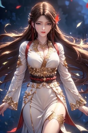 1girl, solo, brown hair, hair ornament, braid, long hair, wide sleeves, looking at viewer, brown eyes, jewelry, hair flower, long sleeves, sash, dress, mischevious smile, perfect body, scenery, sharp focus, best quality, masterpiece, detailed outfit, illustration, perfect eyes, finely detailed beautiful anime eyes, realistic skin, intricate details, best lighting, depth of field, ultra high resolution,cowboy_shot, dynamic pose, dynamic angle,1 girl