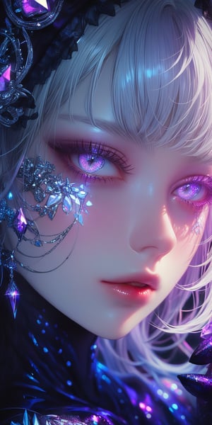 1girl, solo, looking at viewer, purple eyes, white hair, parted lips, lips, eyelashes, gem, portrait, close-up, crystal,full_body