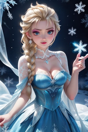 1girl, solo, long hair, looking at viewer, blush, blue eyes, blonde hair, dress, braid, single braid, makeup, magic, snowflakes, elsa \(frozen\)