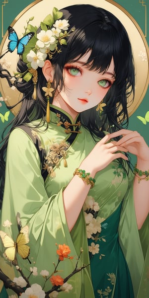 1girl, solo, long hair, black hair, hair ornament, long sleeves, dress, jewelry, green eyes, upper body, flower, earrings, hand up, hair flower, bracelet, chinese clothes, bug, butterfly, green dress, light, glowing butterfly