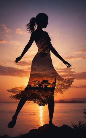 (masterpiece, best quality:1.2), 1girl, solo,standing_split, Silhouette Art of 1girl, multiple exposure, sunset, enhance, intricate, (best quality, masterpiece, Representative work, official art, Professional, unity 8k wallpaper)
