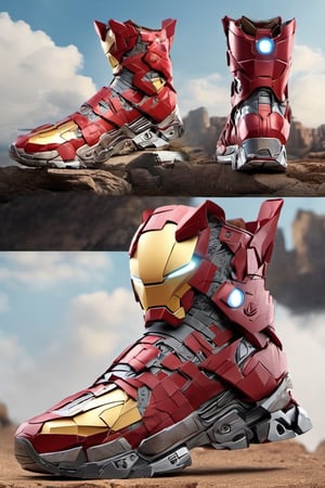 futuristic crypto iron man shoes , Hiking shoes inspire by iron man design,high_resolution, high detail, realistic, realism,cyborg style,Colourful cat ,steampunk style,Origami ,greg rutkowski