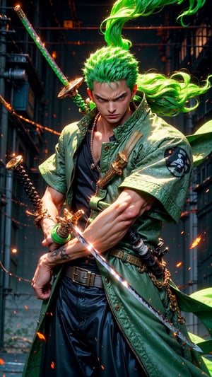  Roronoa Zoro, the iconic character from the One Piece anime:

"Generate a striking and highly detailed visual representation of the legendary swordsman, Roronoa Zoro, from the One Piece anime. Zoro is known for his distinctive appearance and formidable skills.

His hair is a vibrant shade of green, complementing his determined brown eyes. He stands tall and resolute, exuding an air of strength and unwavering determination. Zoro is clad in his signature green outfit, complete with a white haramaki and a bandana.

In his skilled hands, he wields not one but two katana swords, each one unique and finely detailed. The swords should be a reflection of his mastery and the essence of his character.

This image should capture the essence of Zoro's iconic appearance, showcasing his powerful presence and his status as one of the most beloved characters in the One Piece series." Photographic cinematic super super high detailed super realistic image, 8k HDR super high quality image, masterpiece,perfecteyes,zoro, ((perfect hands)), ((super high detailed image)), ((perfect swords)), ,Cyberpunk,r1ge