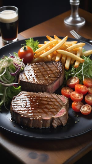 Beef steak, perfectly cooked, on a black plate, decorated beautifully. There were french fries on the plate. There are a few salad vegetables and tomatoes placed on a wooden table, giving the atmosphere of an English restaurant. high resolution images Use a macro lens to take beautiful photos with beautiful light.,booth,food focus,no humans