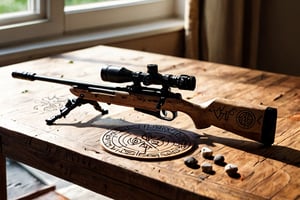 Macro photo , sniper on table, engraved runes, natural light 