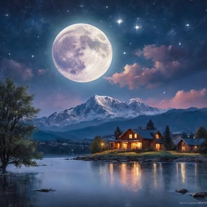 masterpiece, high quality photo, RAW photo, 16K, high contrast, movue poster, night starly sky and fullmoon,Modern,scenery